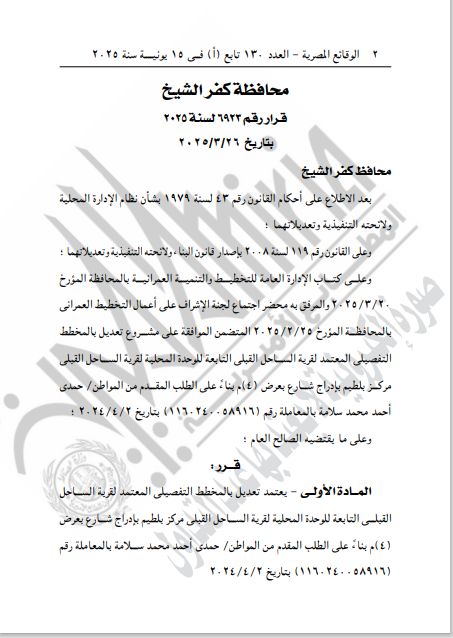 قرار تعديل المخطط التفصيلي لقرية الساحل ببلطيم فى كفر الشيخ قرار تعديل المخطط التفصيلي لقرية الساحل ببلطيم فى كفر الشيخ
