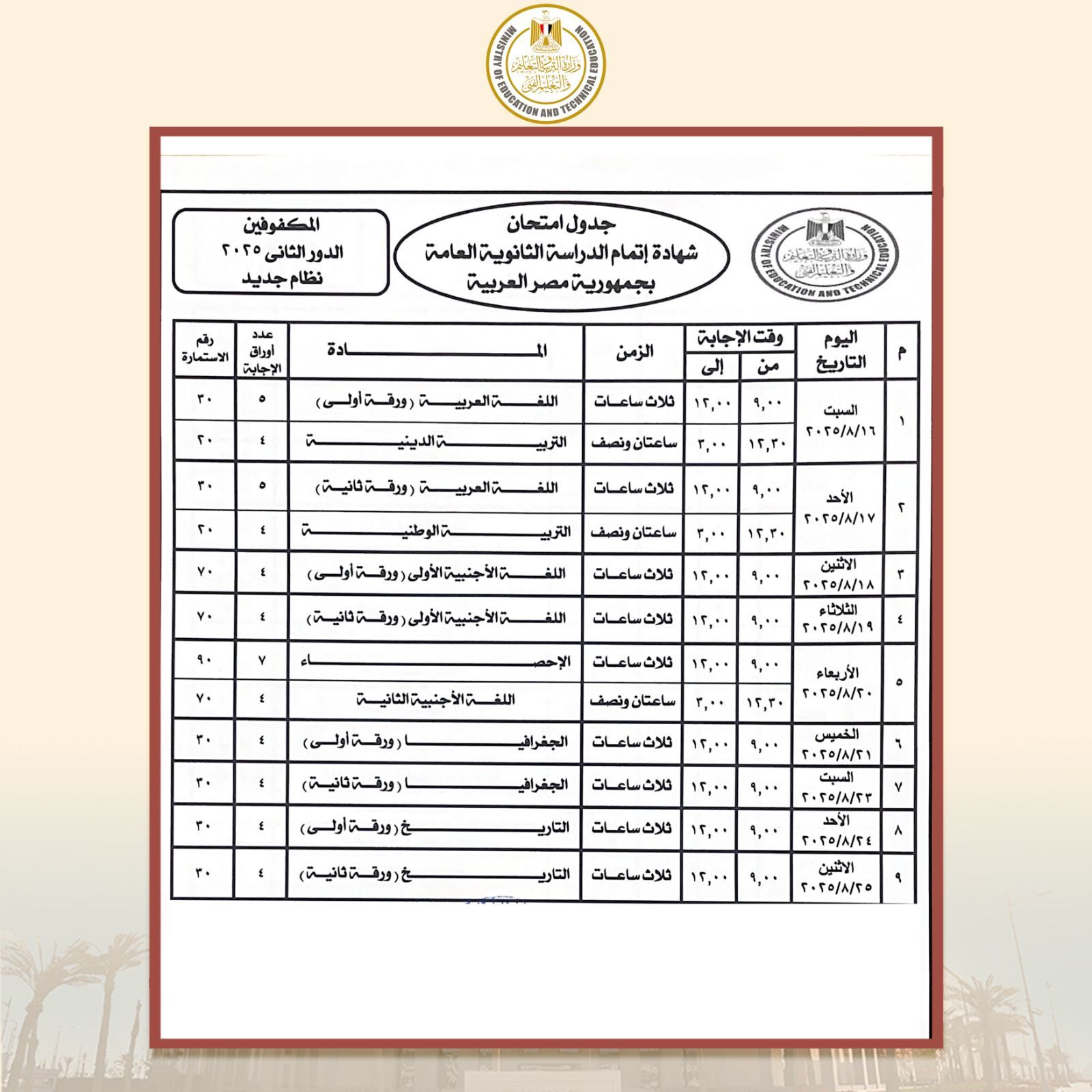 جدول الطلبة المكفوفين دور ثانى بالثانوية