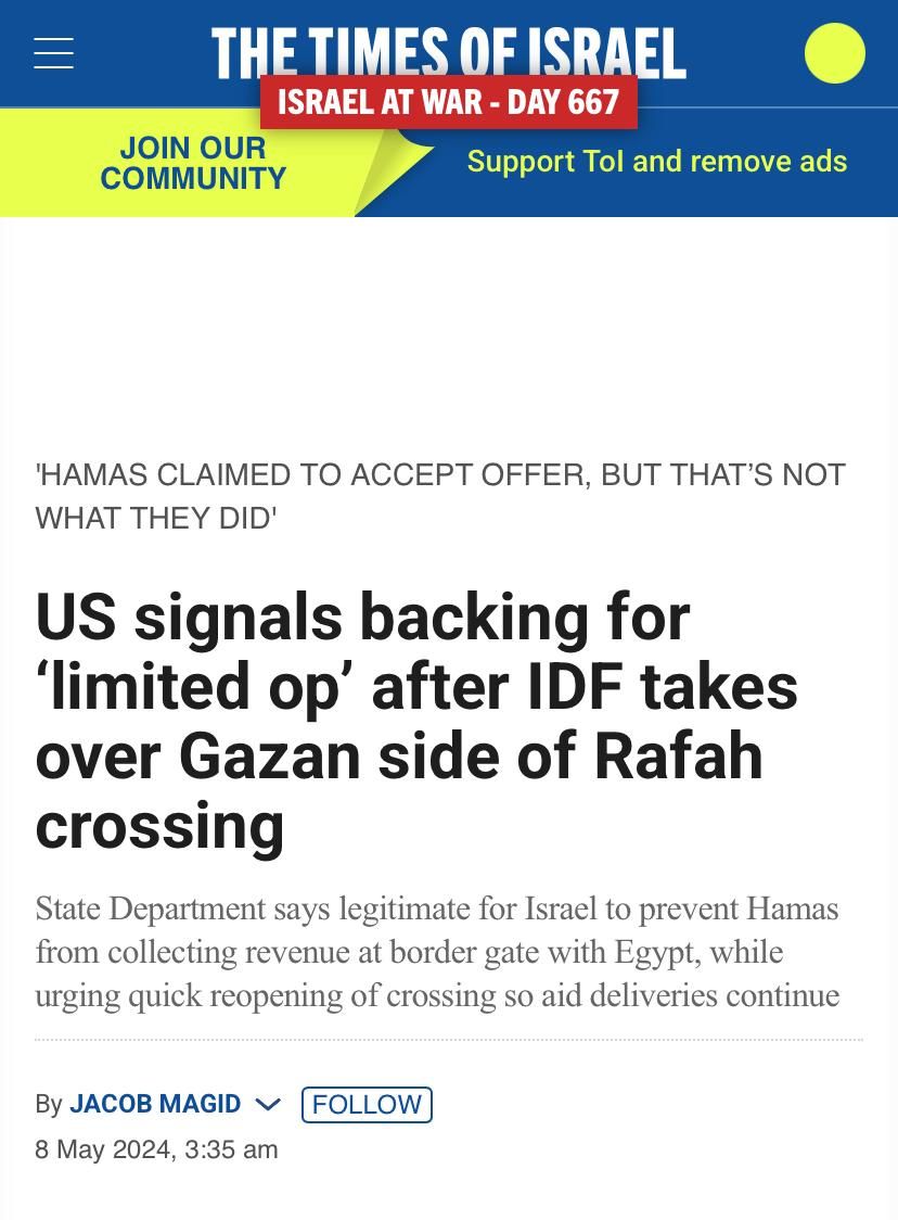تقرير سابق لصحيفة تايمز أوف اسرائيل يؤكد سيطرة الاحتلال علي الجانب الفلسطيني من معبر رفح تقرير سابق لصحيفة تايمز أوف اسرائيل يؤكد سيطرة الاحتلال علي الجانب الفلسطيني من معبر رفح