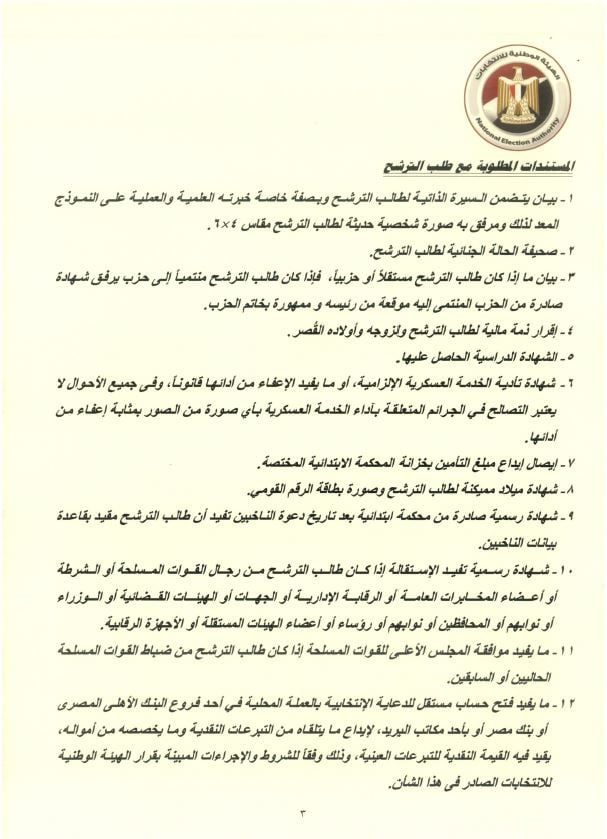 المستندات المطلوبة للمترشحين بانتخابات النواب (4)