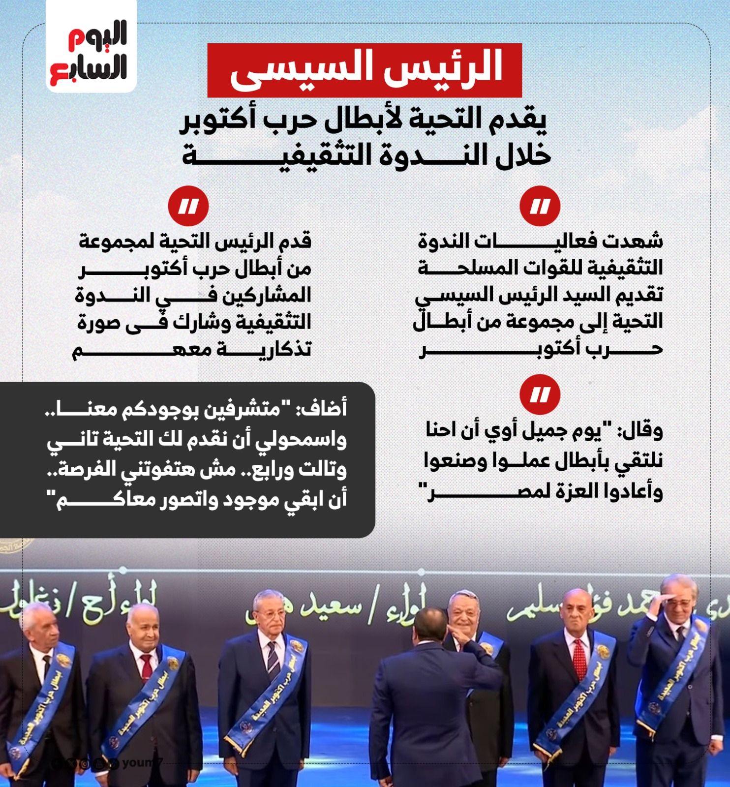 الرئيس السيسى يقدم التحية لأبطال حرب أكتوبر خلال الندوة التثقيفية الرئيس السيسى يقدم التحية لأبطال حرب أكتوبر خلال الندوة التثقيفية