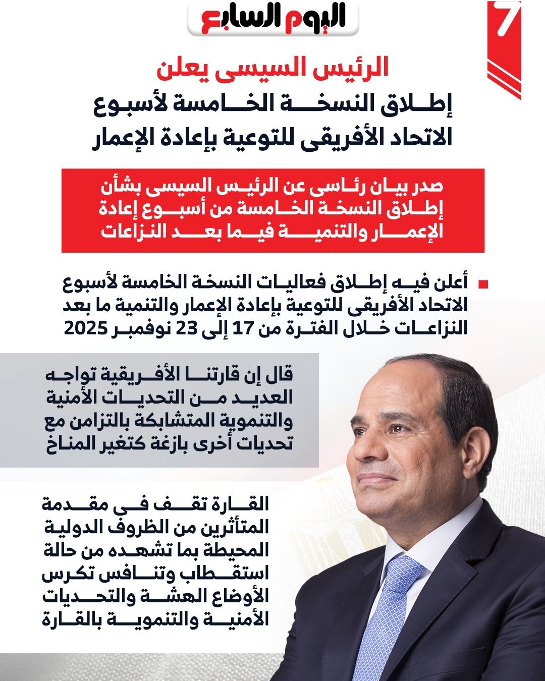 الرئيس السيسى يعلن إطلاق النسخة الخامسة لأسبوع الاتحاد الأفريقى للتوعية بإعادة الإعمار الرئيس السيسى يعلن إطلاق النسخة الخامسة لأسبوع الاتحاد الأفريقى للتوعية بإعادة الإعمار