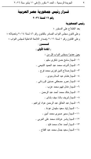 قائمة المعينين بمجلس النواب بقرار جمهورى.. الأسماء كاملة (2)