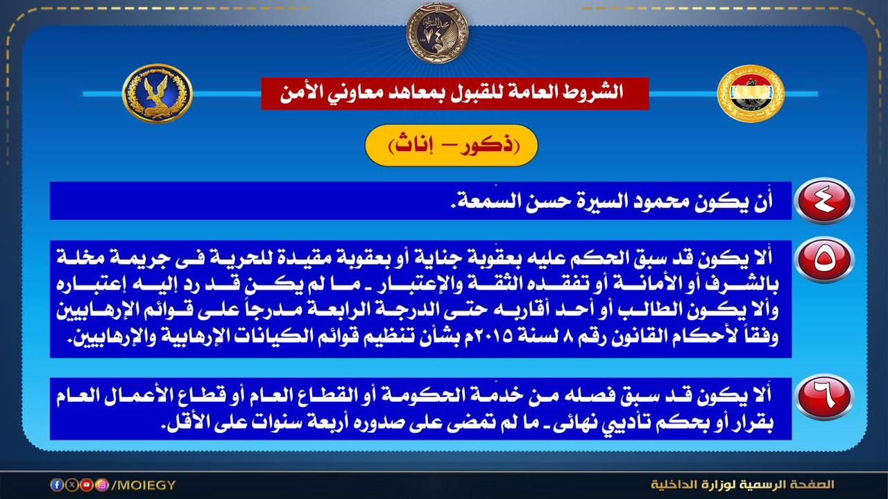 انفوجراف شروط التقديم لمعاهد معاون الأمن بالداخلية (4) انفوجراف شروط التقديم لمعاهد معاون الأمن بالداخلية (4)