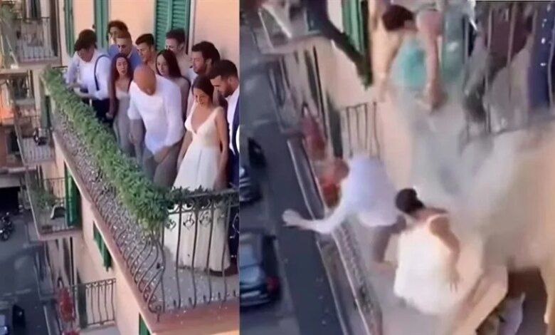 فيديو مروع.. حقيقة انهيار شرفة بالعروسين وضيوفهما يوم الزفاف
