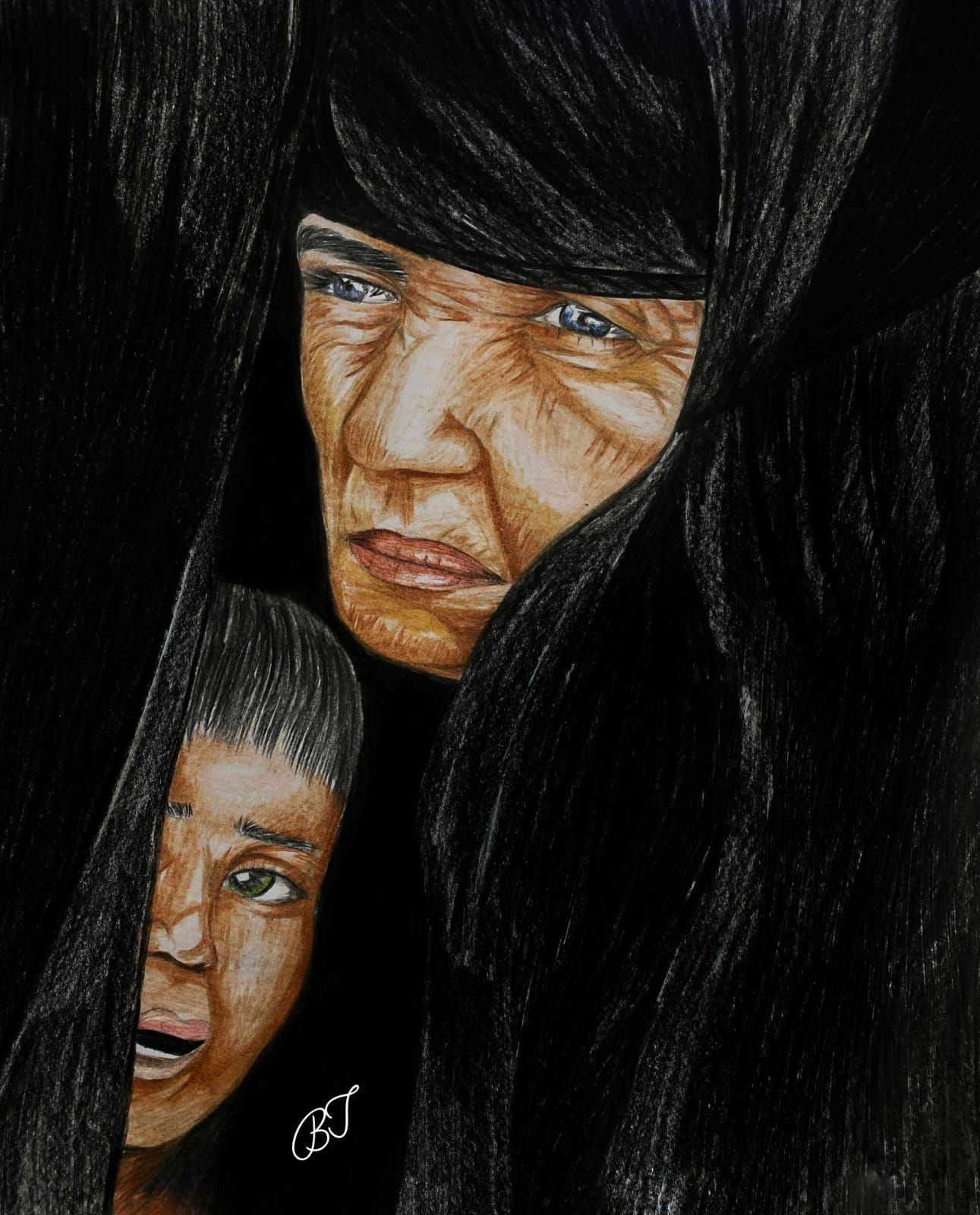 رسمه لمسنة وحفيدها تطهر عليهما أثار الزمن رسمه لمسنة وحفيدها تطهر عليهما أثار الزمن