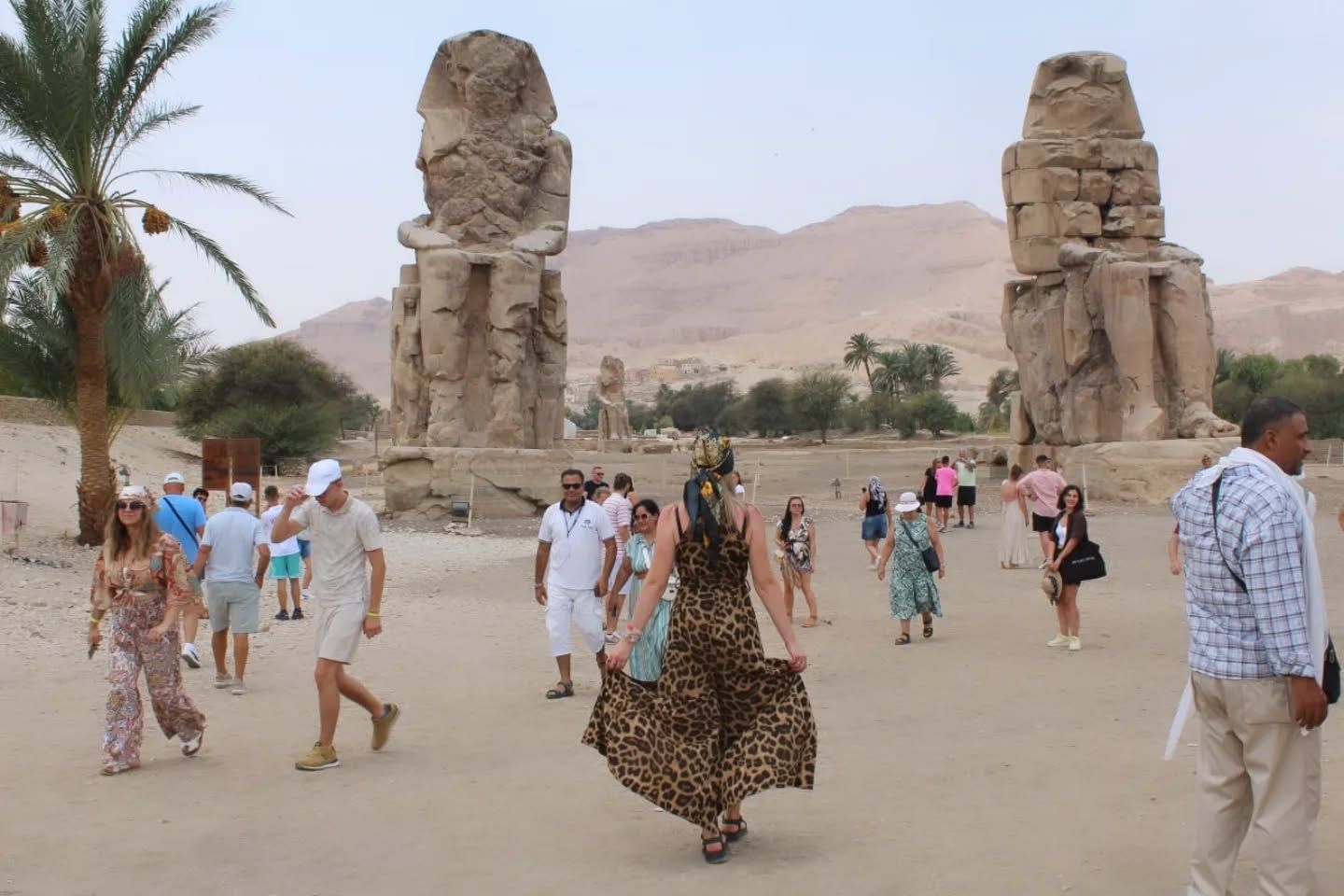 استمتاع الأجانب بزيارة تمثالى ممنون غرب الأقصر استمتاع الأجانب بزيارة تمثالى ممنون غرب الأقصر