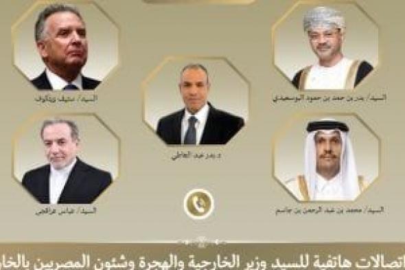 اتصالات
لوزير
الخارجية
مع
نظرائه
فى
قطر
وعمان
وإيران
ومبعوث
أمريكا