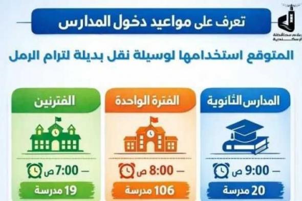 محافظة
      الإسكندرية
      تعلن
      عن
      مواعيد
      دخول
      المدارس
      المتوقع
      استخدامها
      لوسيلة
      نقل
      بديلة
      لترام
      الرمل