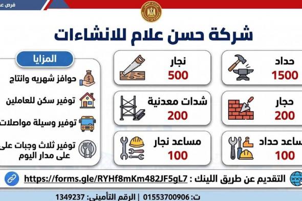 وظائف
    خالية
    بشركة
    حسن
    علام
    للإنشاءات
    لسنة
    2026