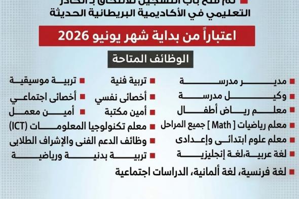 وظائف
    خالية
    بالمدارس
    البريطانية
    للعام
    الدراسي
    الجديد
    2027/2026