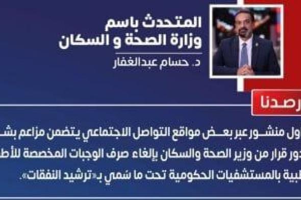 «الصحة»:
لا
صحة
لإلغاء
وجبات
الأطقم
الطبية
بالمستشفيات
الحكومية