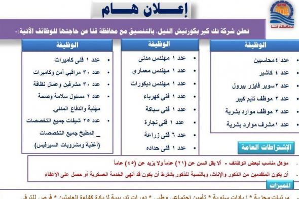عدد
    117
    وظيفة
    خالية
    بشركة
    تك
    كير
    للمؤهلات
    العليا
    والمتوسطة
    وفنيين
    وعمال