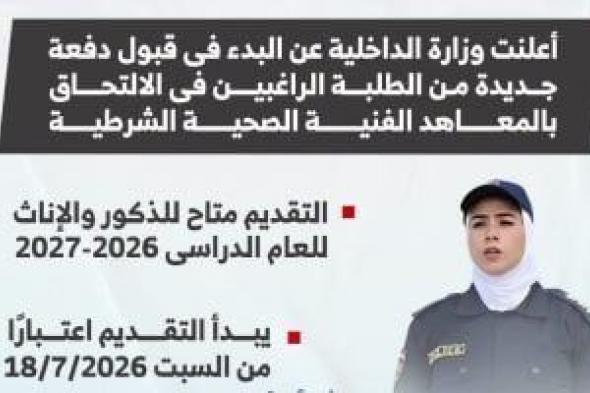المواعيد
والشروط..
دليل
التقديم
في
معهد
فني
صحي
شرطة
(إنفو
جراف)