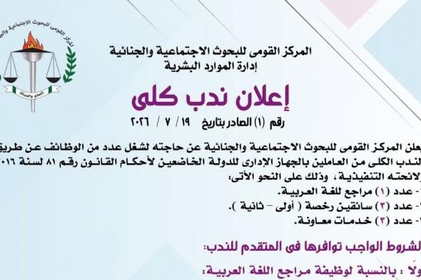 وظائف خالية بالمركز القومي للبحوث الاجتماعية والجنائية والتقديم لمدة 15 يوماً